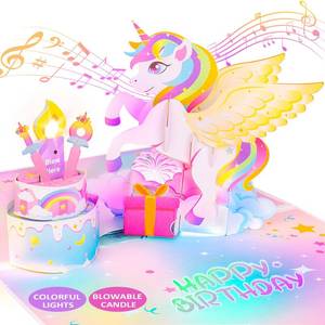 lot 1535 image: FITMITE Birthday Card with Light & Music, Unicorn 3D Pop up Greeting Cards with Blowable Candle Birthday Gifts for Women Girls Daughter Sister Kids-With 0-9 DIY Number - Retail $14