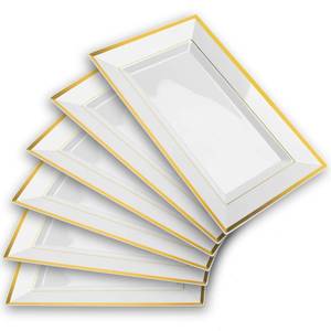 lot 1541 image: Mint Living - Elegant Plastic Serving Tray & Platter Set (6pk) - White & Gold Rim Disposable Serving Trays & Platters for Food - Weddings, Upscale Parties, Dessert Table, Cupcakes - 8 x 12.85 inches - Retail $14