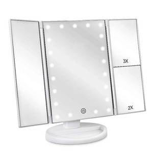 lot 1550 image: deweisn Floor Mount Tri-Fold Lighted Vanity Mirror with 21 LED Lights, Touch Screen and 3X2X1X Magnification, Two Power Supply Modes Make Up Mirror,Travel Mirror - Retail $20