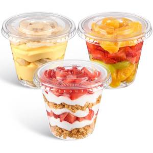 lot 1555 image: Qeirudu 100 Pack 9 Oz Clear Plastic Dessert Cups with Flat Lids No Hole, Small Parfait Cups Mini Round Party Serving Cups for Cakes, Snacks, Fruits, Ice Creams - Retail $17