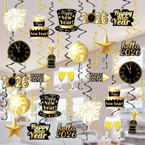 lot 1558 image: Tifeson 36 Pcs Happy New Year Decorations Hanging Swirls - Happy New Year Decorations 2026 - New Years Eve Party Decorations Supplies 2026 for Home Office Ceiling (Black and Gold) - Retail $15