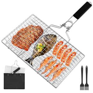 lot 1569 image: Fish Grill Baskets��Folding Portable Fish Grilling Rack For Grill, BBQ Grilling Basket, Stainless Steel Grill Basket For Veggies, Shrimp, Meat Cook��Come With Storage Bag and Two Basting Brush - Retail $17