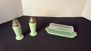lot 3 image: Fire King Jadeite butter dish, and salt and pepper shaker