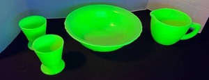 McK Jadeite uv reactive Glass bowl, measuring cup and smaller companion pieces