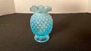 lot 15 image: Fenton aqua opalescent hobnail vase toothpick holder