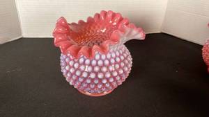 lot 18 image: Fenton cranberry opalescent hobnail glass ruffled edge rose bowl vase