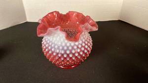 lot 19 image: Fenton cranberry opalescent hobnail glass ruffled edge rose bowl vase