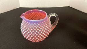 lot 20 image: Fenton cranberry opalescent hobnail glass squat jug pitcher