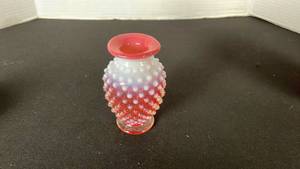 lot 22 image: Fenton cranberry opalescent hobnail glass ruffled edge vase toothpick holder