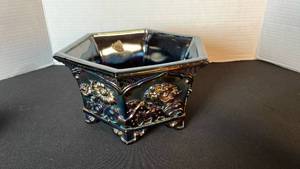 lot 24 image: Fenton Carnival Glass Chrysanthemum Amethyst Hexagon 6-footed planter bowl