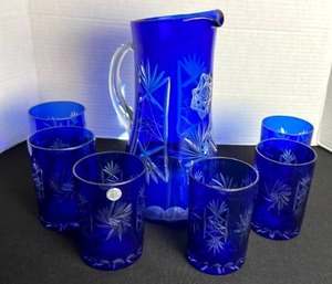 Romanian cobalt cut to clear glass pitcher with 6 glasses
