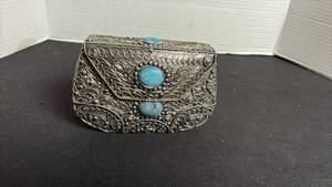 lot 142 image: Silver plate and turquoise clutch purse