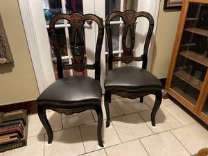 lot 329 image: Pair of Napoleon III style chairs with ornate brass inlaid details (some of the brass is loose)