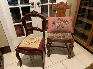 lot 330 image: Antique carved balloon back chair with needlepoint seat, other upholstered seat chair (needs repair) and needlepoint pillow