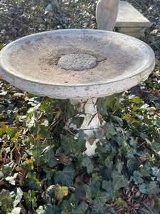 lot 341 image: Concrete 2 piece birdbath approximately 25 x 23 x 23 inVERY HEAVY will need help and equipment to remove. Easy alley to backyard access.
