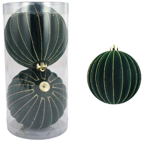 lot 41702 image: Green Velvet Christmas Ball Ornaments with Gold Stripes