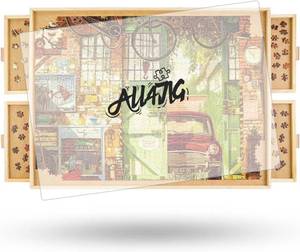 lot 518 image: $70 ALL4JIG 1500-Piece Rotating Puzzle Board with 4 Drawers, 25x34