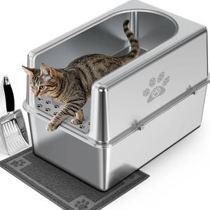 lot 599 image: $90 Stainless Steel Enclosed Cat Litter Box with Lid, XL, Non-Stick
