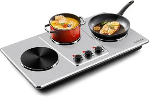 lot 627 image: $88 Cusimax Hot Plate, Triple Burner, 7 Cast Iron Cooktop, 11-Temp