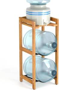 lot 646 image: $70 5 Gallon Water Jug Stand with Top Shelves, 3-Tier Wood Rack