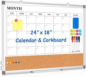 lot 655 image: Monthly Calendar Whiteboard & Cork Board, 24x18, Double-Sided