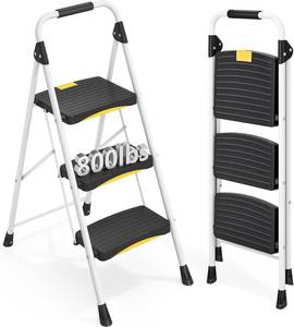 lot 687 image: $46 3-Step Folding Steel Ladder, Safety Lock, Anti-Slip Pedals, 800lb
