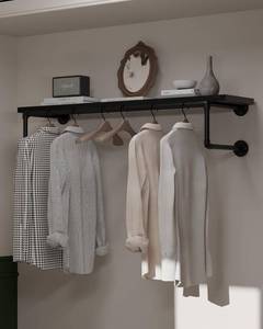 lot 697 image: $90 Clothes Rack 42in Wall Mounted with Black Wood Shelf, Heavy Duty