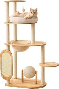lot 718 image: $140 Modern Cat Tree with Scratching Post and Rubber Wood Tower