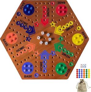 lot 744 image: $70 Wooden Board Game Marble Game Double-Sided 2-6 Players, 24 Marbles