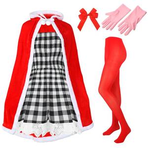lot 34827 image: Set of 5 Pcs Christmas Costume for Women Christmas Gingham Dresses Velvet Hooded Cape Tights Gloves Bow for Girl (Medium) - Retail $43