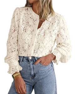 lot 34838 image: Womens Dressy Casual Lace Blouse Long Sleeve Button Up Shirts Tops Spring Fall Fashion Clothes (Beige,Small) - Retail $31