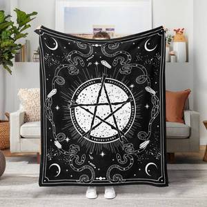 lot 34856 image: Black and White Pentagram Fleece Throw Blanket, Gothic Witchy Blessed Pray Star Cozy Decor Nap Blankets Gift with Moon Star and Snake Stone Sofa Bed Couch Chair or Dorm Throws 50x60 inches - Retail $24