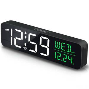lot 34872 image: Large Display Digital Alarm Clock for Bedrooms, Date Day of Week Calendar Desk Table Clocks for Living Room Office, Dimmable Plug in Electric Clock, 5 Volumes, Loud, Auto DST - Retail $19