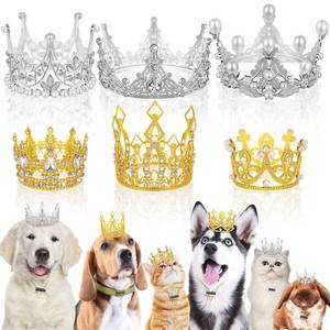 lot 34884 image: 5 Pcs Dog Crown Headband Puppies Rabbit Cat Hat for Birthday Party Rhinestone Faux Pearl Crown with Adjustable Strap for Pet Wedding Adoption Celebration Hair Accessories Photo Prop - Retail $19