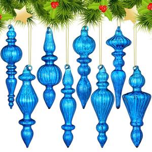 lot 34893 image: 8 Pcs 6 Inch Mercury Glass Finial Christmas Ornaments Hanging Christmas Finials Glass Ornaments Assorted Mercury Decor for Vintage Holiday Xmas Tree Decoration(Blue) - Retail $24