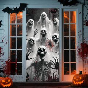 lot 34930 image: Halloween Door Cover, 79  35inch Scary Skeleton Zombie Halloween Door Decorations Reusable Creepy Sign Banner for Halloweens Haunted House Props Front Doors Wall Party Decor - Retail $13
