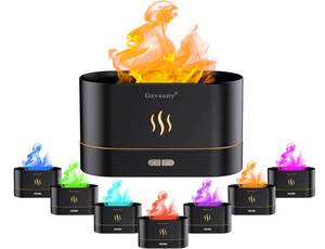 lot 34958 image: Flame Essential Oil Diffuser, Upgrade 7 Colour Lights Aromatherapy Diffuser, Super Quiet Air Humidifier, Electric Aroma Diffuser, Waterless Auto-Off for Home Office Room - Black - Retail $16