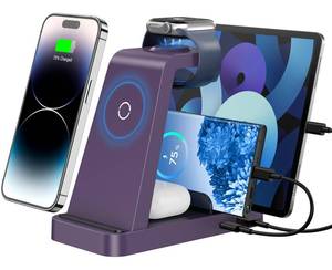 lot 34963 image: Wireless Charger for iPhone - 5 in 1 Charging Station for Multiple Devices Apple Fast Wireless Charging Stand Dock for iPhone 17 16e 16 15 14 13 12 Pro Max Apple Watch Airpods (Purple) - Retail $30