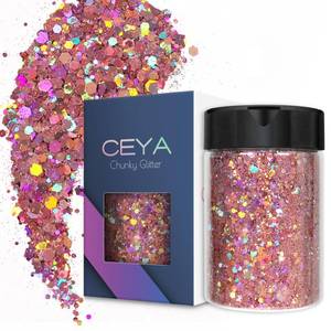 lot 34971 image: Holographic Chunky Glitter, 4.9oz 140g Pink Mauve Craft Glitter Powder Mixed Fine Flakes Iridescent Nail Sequins for Roses Nail Art, Hair, Epoxy Resin, Tumblers, Slime, Painting, Festival Decor - Retail $8