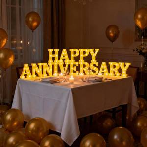 lot 35003 image: 16 Pcs Happy Anniversary Decoration Light up Letters Sign Wedding Anniversary Party Light LED Neon Table Decoration for Valentines Day Wedding Romantic Party Decor - Retail $38