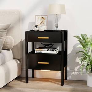 lot 35018 image: Nightstand with 2 Drawers and Open Shelf Wood Bedside Table Gold Handles Storage Night Stand with Light for Bedroom, Black - Retail $47