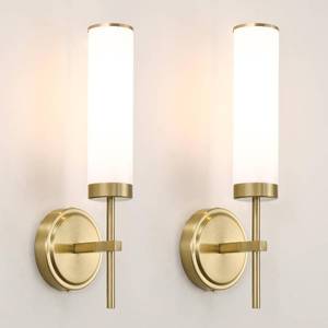 lot 35020 image: Gold Wall Sconces Set of 2, Modern Bathroom Sconces Wall Lighting with Opal White Glass, Vanity Light Fixtures for Bathroom, Brushed Brass Wall Mount Lights for Living Room Bedroom Hallway, Hardwired - Retail $60