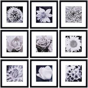 lot 35021 image: 12x12 Picture Frames Black Set of 9, Square Photo Frame Displays 8x8 with Mat or 12x12 without Mat, Gallery Wall Frame Set for Wall Hanging - Retail $45