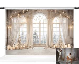 lot 35025 image: Kate Winter Wonderland Backdrop Snowy Window Scene Candlelight Warmth Photo Background for Romantic Photography Studio Props, 10x6.5ft - Retail $85