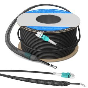 lot 35030 image: 100M328FT OM3OM4 LC to LC Outdoor Armored Fiber Optic Patch Cable, Multimode Duplex 50125m, 10Gb40Gb100Gb, Industrial TPU Jacket, Direct Burial, Uniboot, MMF, OD 5mm, Pulling Eye Kit Installed - Retail $149