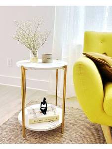 lot 2747 image: Small Round Side Table, 2-Tier Gold End Table with Faux Marble Top for Small Spaces, Modern Side Table for Living Room, Couch, or Bedroom Nightstand (1 pcs Gold, Round)