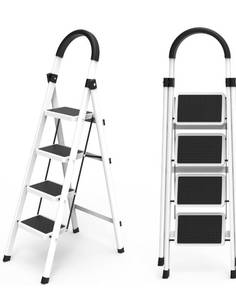 lot 2799 image: 4 Step Ladder, Folding Step Stool with Anti-Slip Pedal &amp Cushioned Handle - Lightweight Aluminum, Sturdy, Easy Storage for Home, Kitchen, Bathroom, Office, Garage White