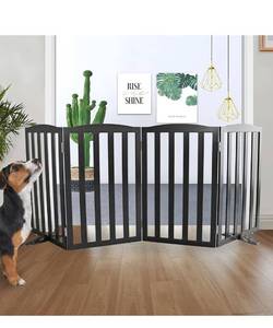 lot 2807 image: ZJSF Foldable Freestanding Indoor Dog Gate for House Wood Long Pet Gates Dog Fence for Stairs Puppy Gates for Hallways, Puppy Gate,Support Feet Included, Black, 32 Height-4 Panels