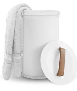 lot 2817 image: SAMEAT Heated Towel Warmers for Bathroom - Large Towel Warmer Bucket, Wood Handle, Auto Shut Off, Fits Up to Two 40X70 Oversized Towels, White
