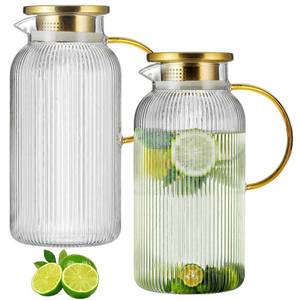 lot 2827 image: Buaic 2 PACK Glass Pitcher with Lid, 68 oz 2 Liter Classic Vertical Stripes Water Pitcher with Handle,Glass Water Carafe for Cold Brew, Coffee, Lemonade, Iced Sun Tea,Beverage,Heat Resistant